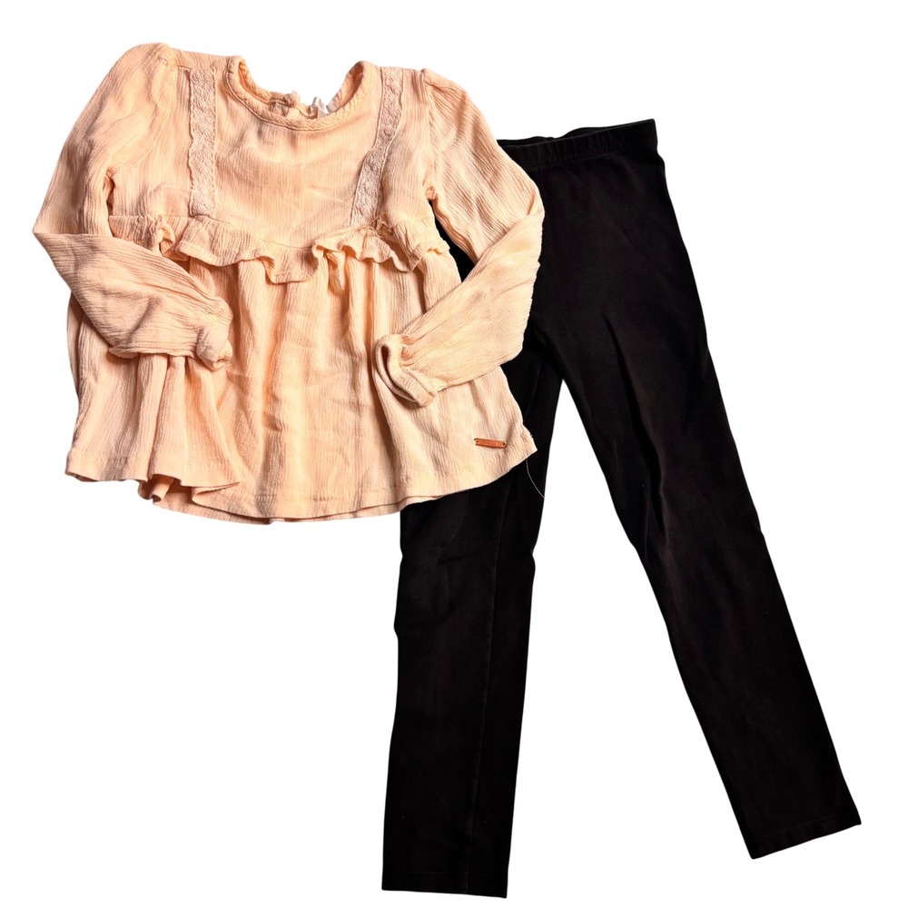 Toddler Girls 4T Peach Ruffle Lace Blouse and Black GarLeggings‎ set spring